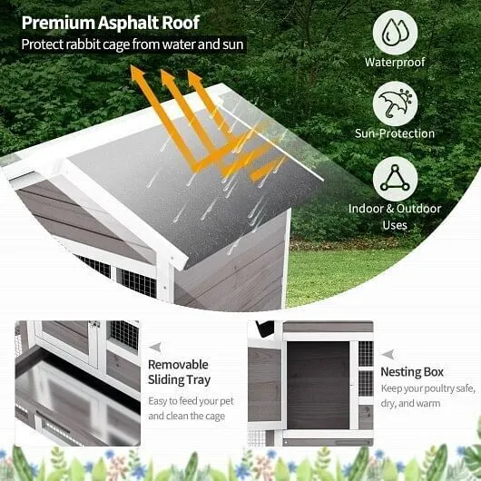 2-Story Wooden Rabbit Hutch with Running Area-Gray - Color: Gray