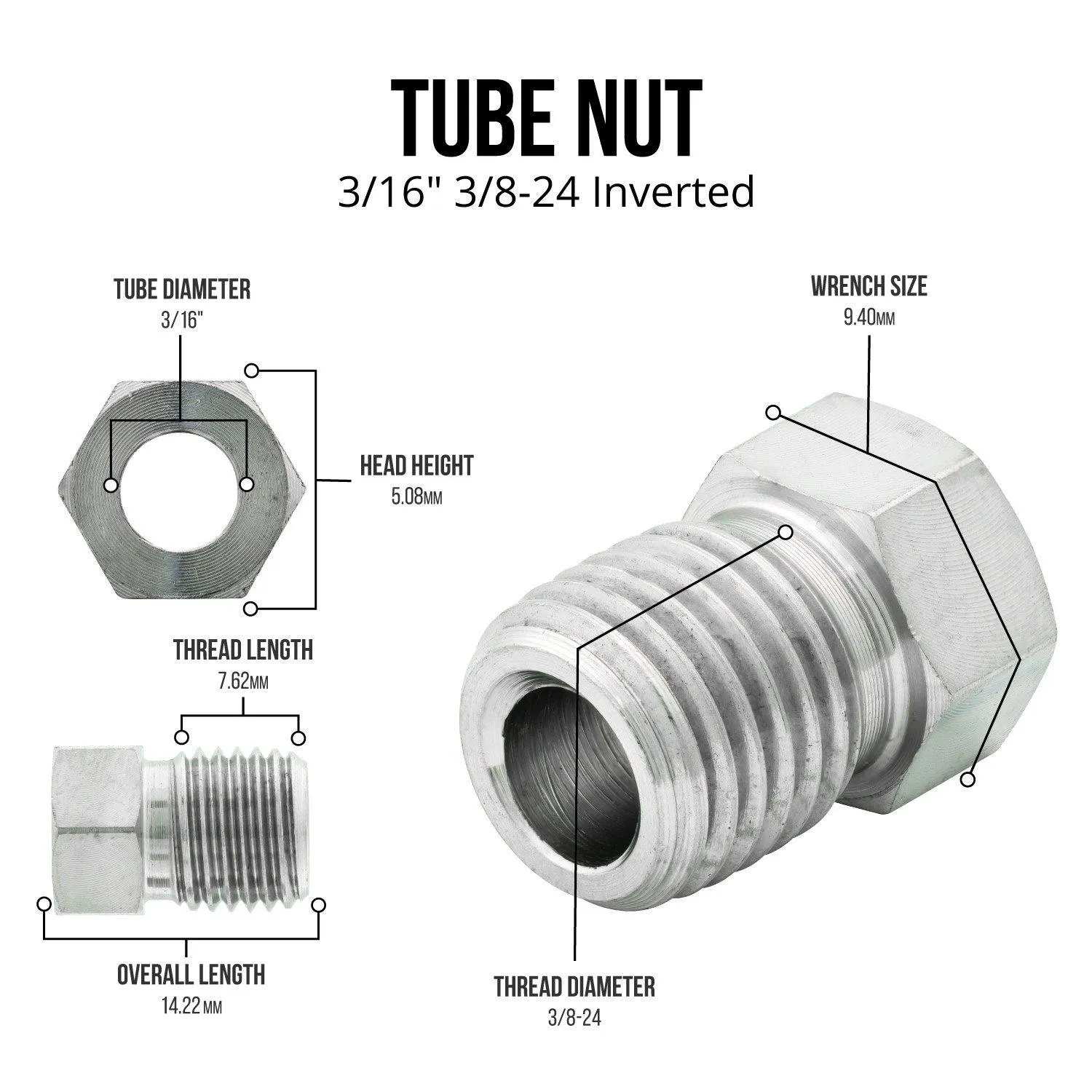 3/16" (3/8-24 Inverted) | Tube Nut | Stainless Steel | 10ct