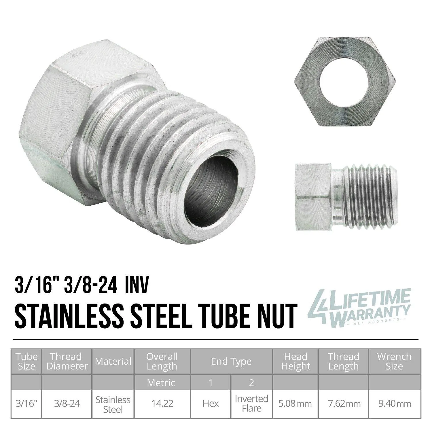 3/16" (3/8-24 Inverted) | Tube Nut | Stainless Steel | 10ct