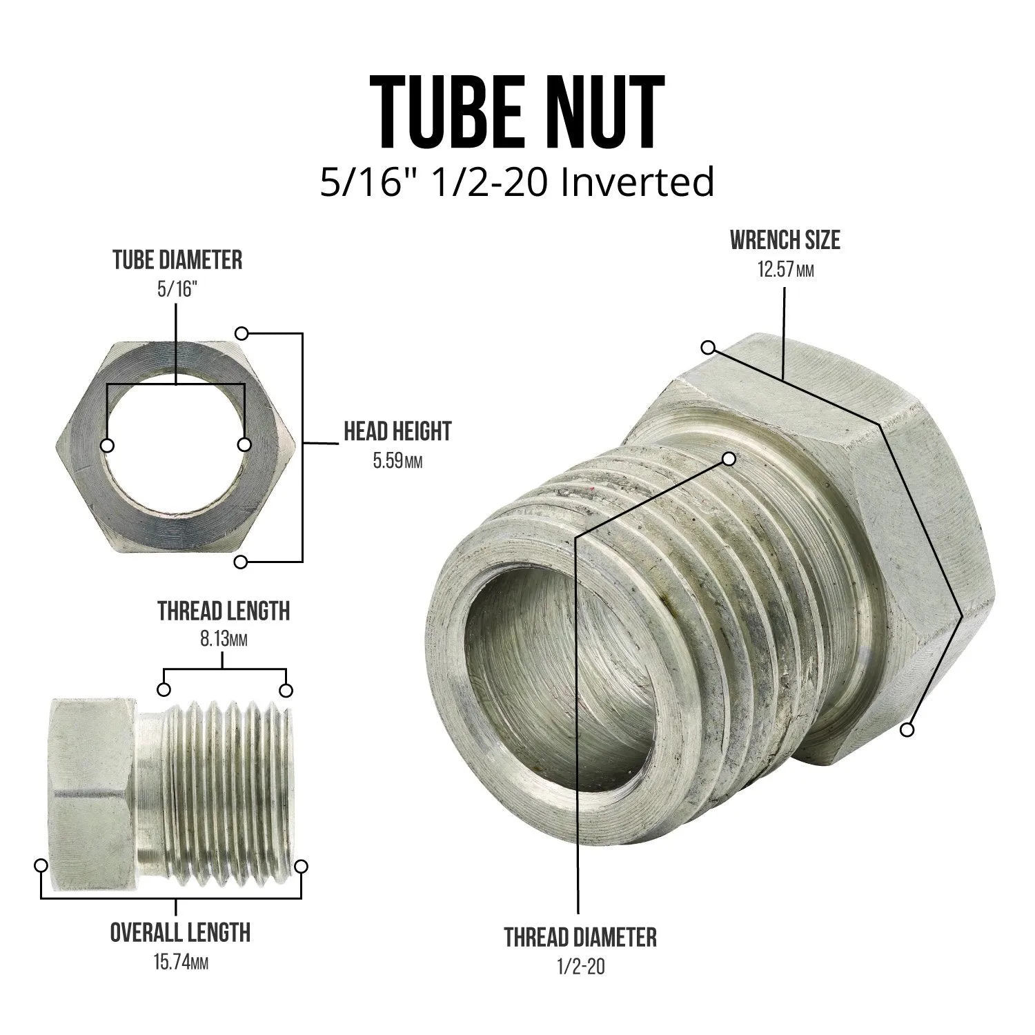 5/16" (1/2-20 Inverted) Stainless Steel Tube Nut | 10ct