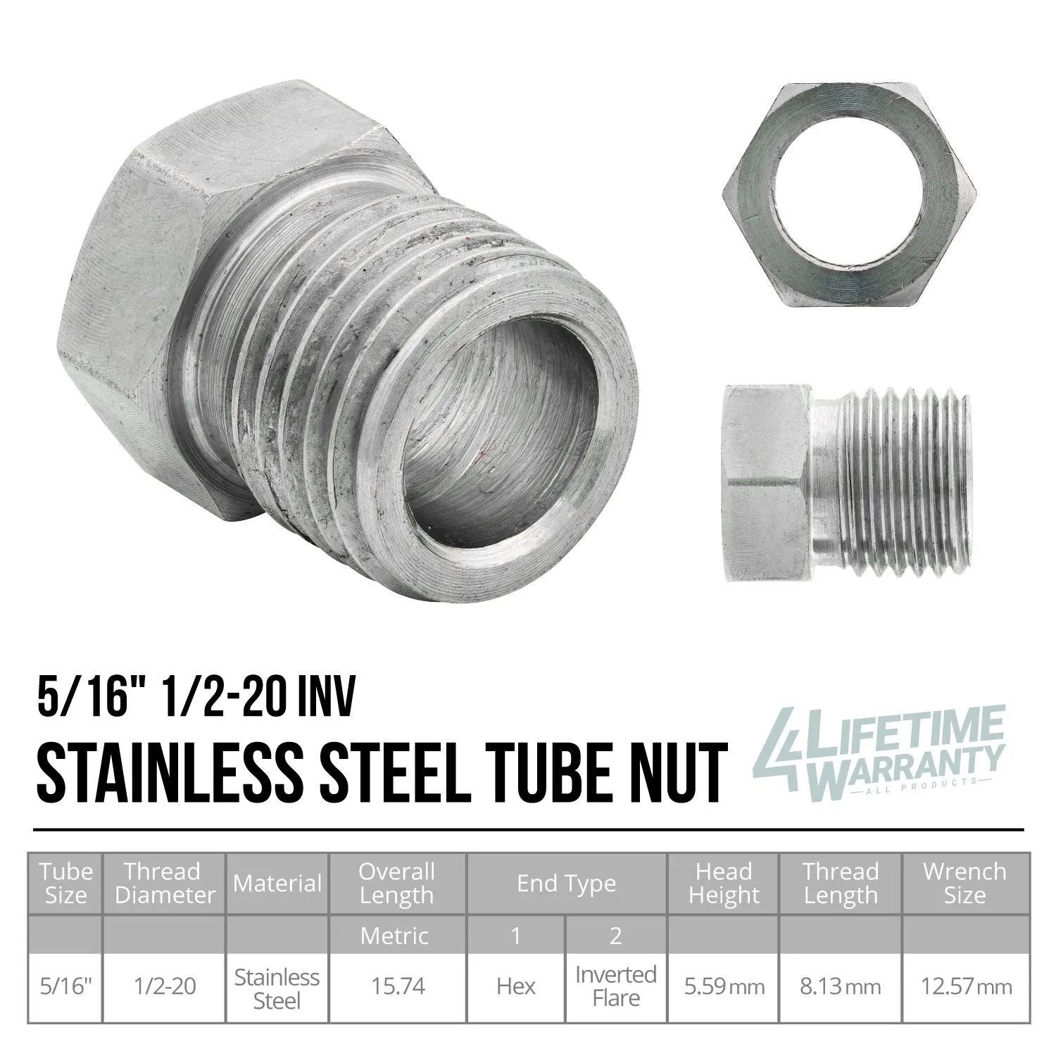 5/16" (1/2-20 Inverted) Stainless Steel Tube Nut | 10ct