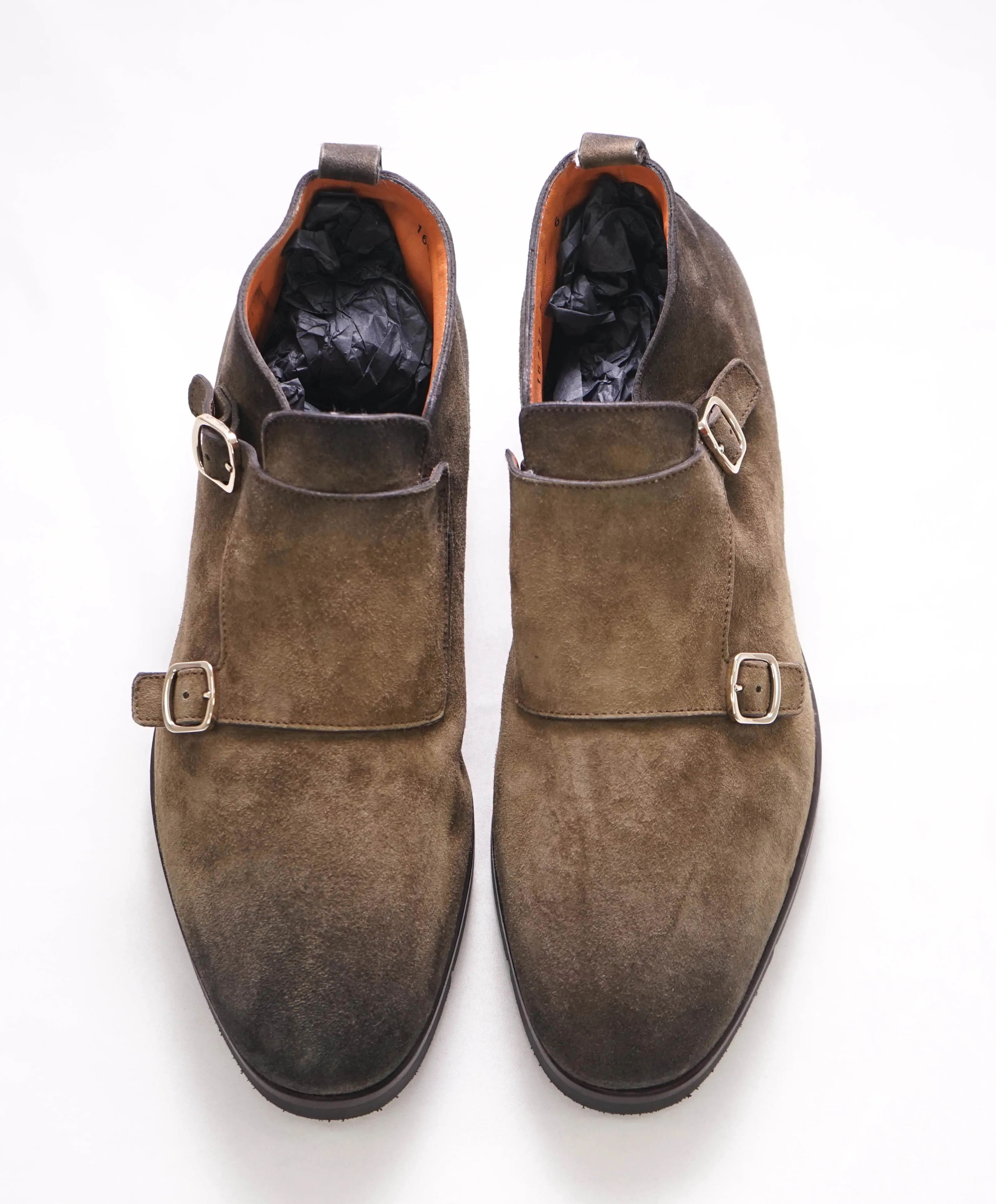 $850 SANTONI - Brown Distressed Suede Double Monk Boots - 7 US