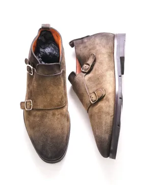 $850 SANTONI - Brown Distressed Suede Double Monk Boots - 7 US