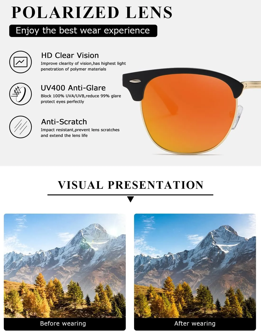 AEVOGUE Polarized Sunglasses For Women And Men Semi Rimless Frame Retro Sun Glasses AE0369