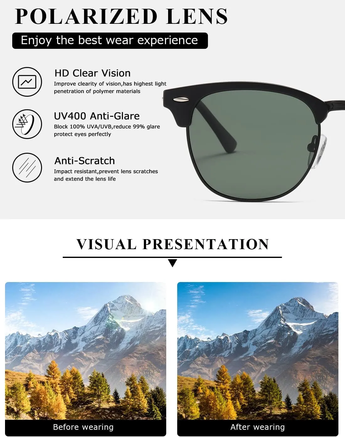 AEVOGUE Polarized Sunglasses For Women And Men Semi Rimless Frame Retro Sun Glasses AE0369