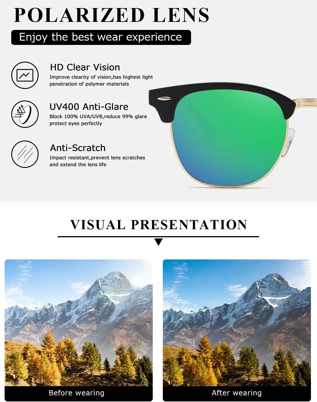 AEVOGUE Polarized Sunglasses For Women And Men Semi Rimless Frame Retro Sun Glasses AE0369