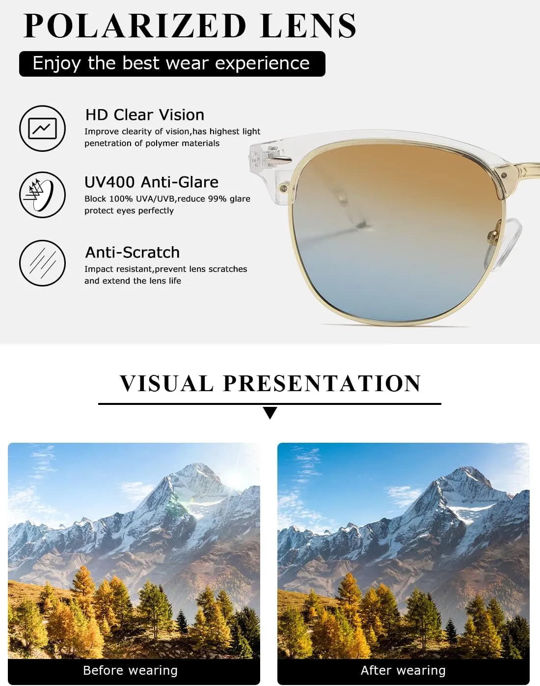 AEVOGUE Polarized Sunglasses For Women And Men Semi Rimless Frame Retro Sun Glasses AE0369
