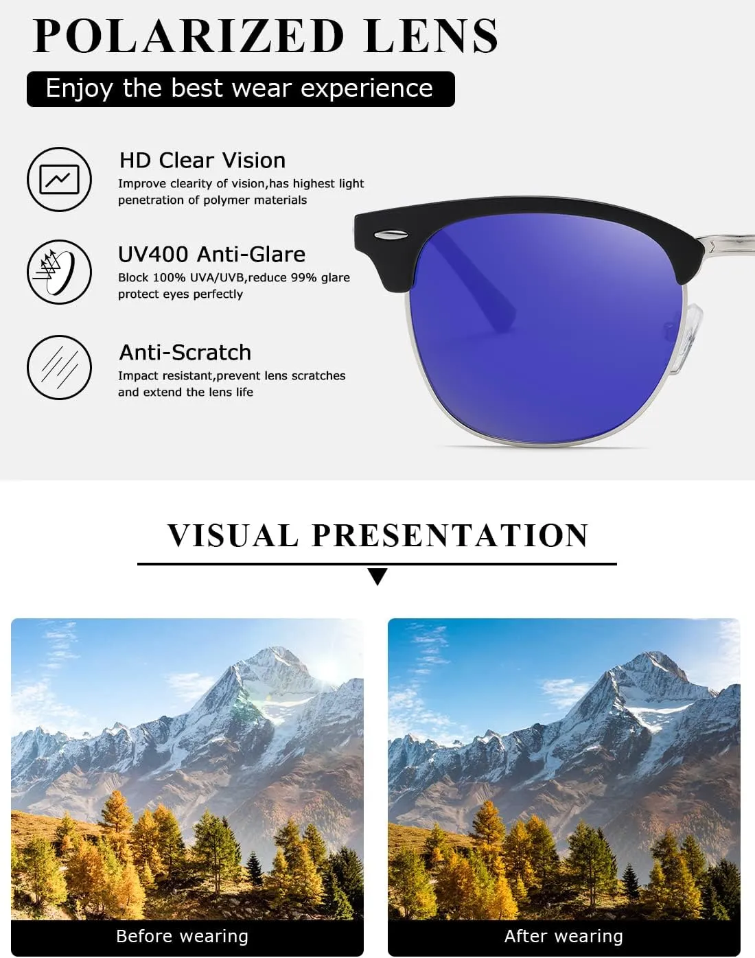 AEVOGUE Polarized Sunglasses For Women And Men Semi Rimless Frame Retro Sun Glasses AE0369