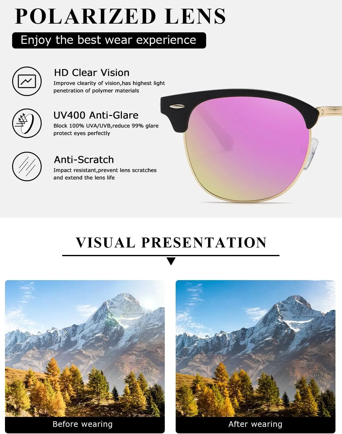 AEVOGUE Polarized Sunglasses For Women And Men Semi Rimless Frame Retro Sun Glasses AE0369