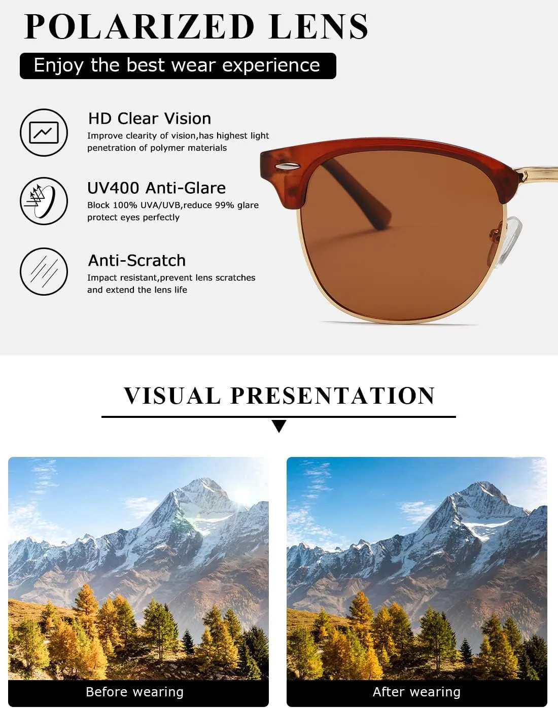 AEVOGUE Polarized Sunglasses For Women And Men Semi Rimless Frame Retro Sun Glasses AE0369