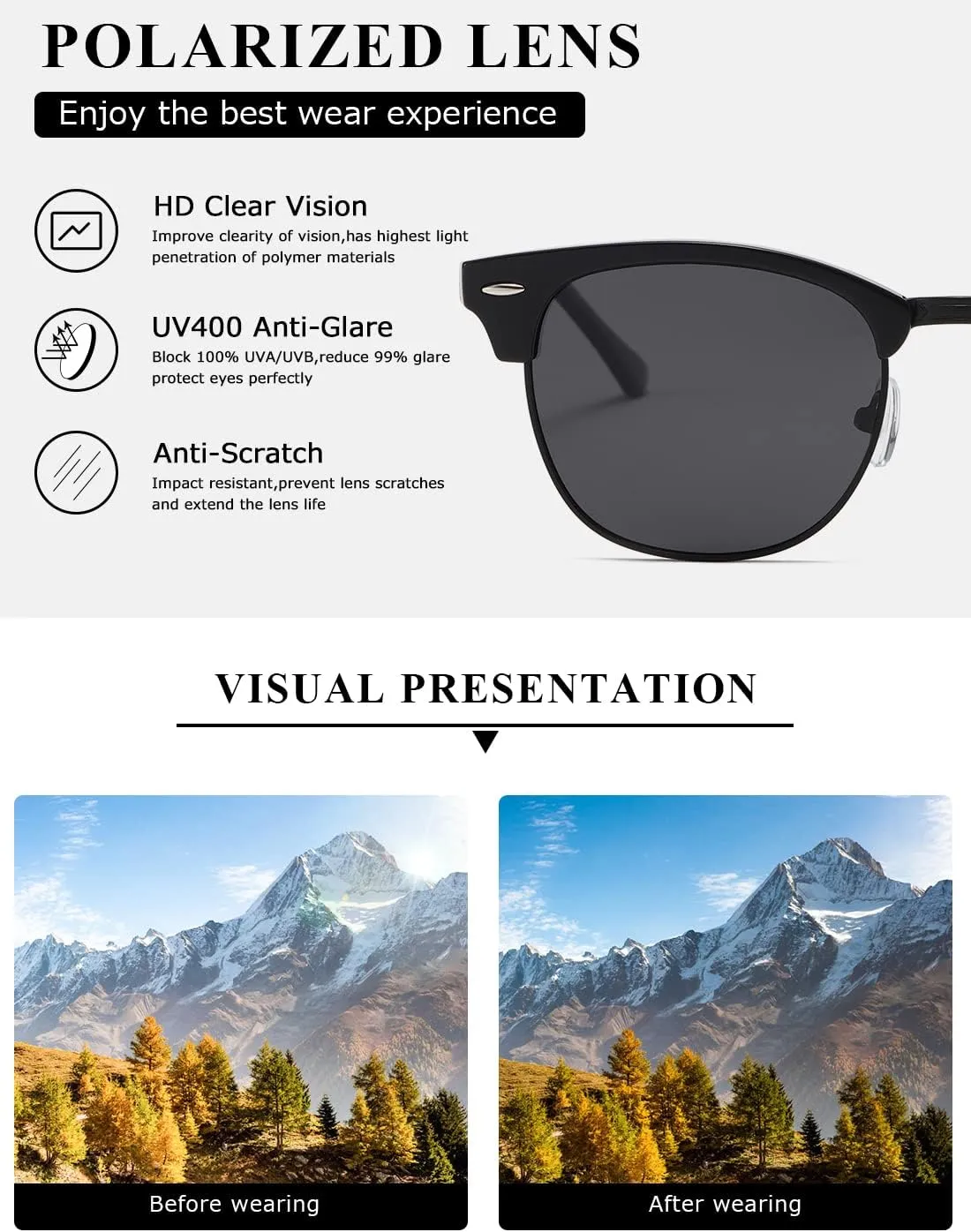 AEVOGUE Polarized Sunglasses For Women And Men Semi Rimless Frame Retro Sun Glasses AE0369