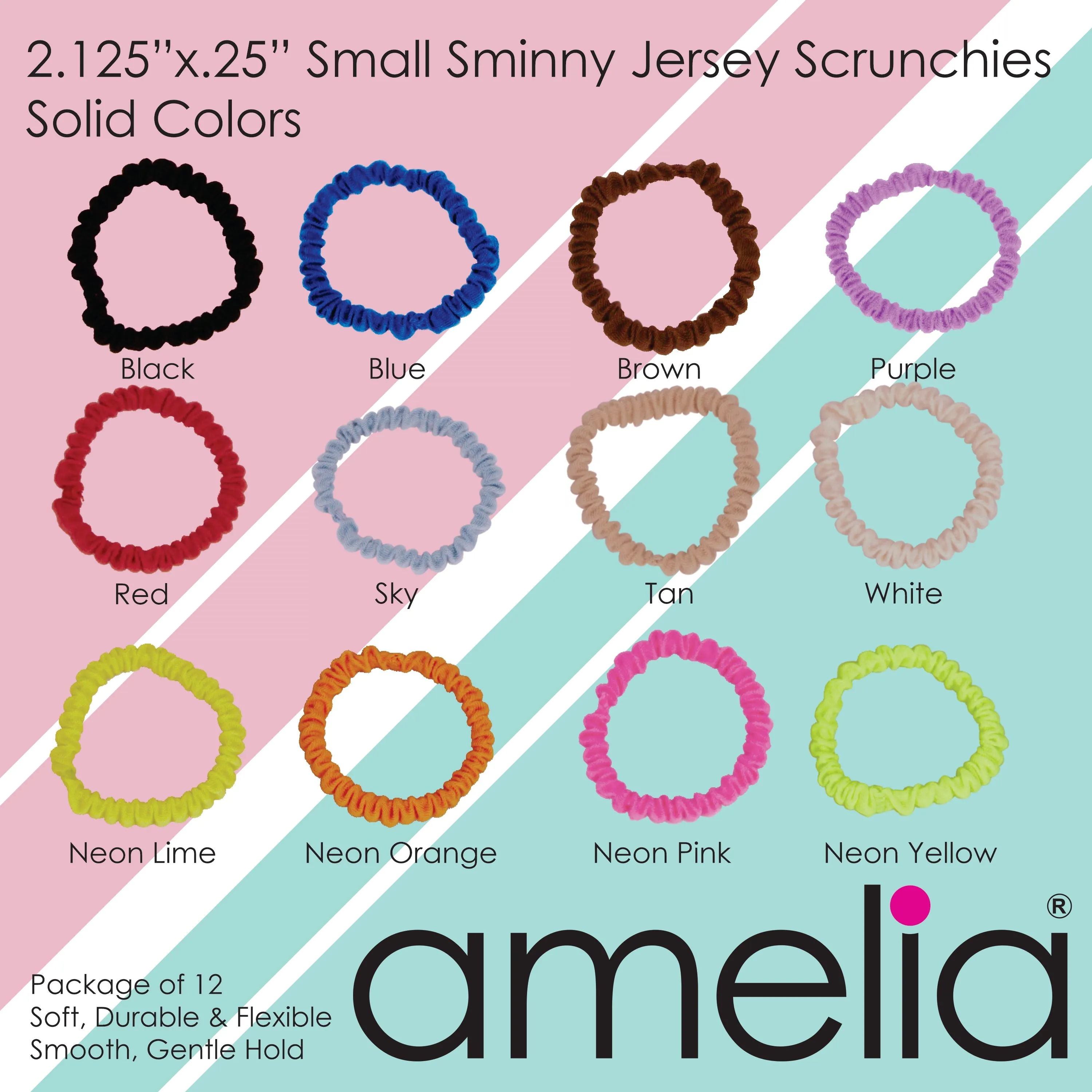Amelia Beauty, Neon Pink Skinny Jersey Scrunchies, 2.125in Diameter, Gentle on Hair, Strong Hold, No Snag, No Dents or Creases. 12 Pack