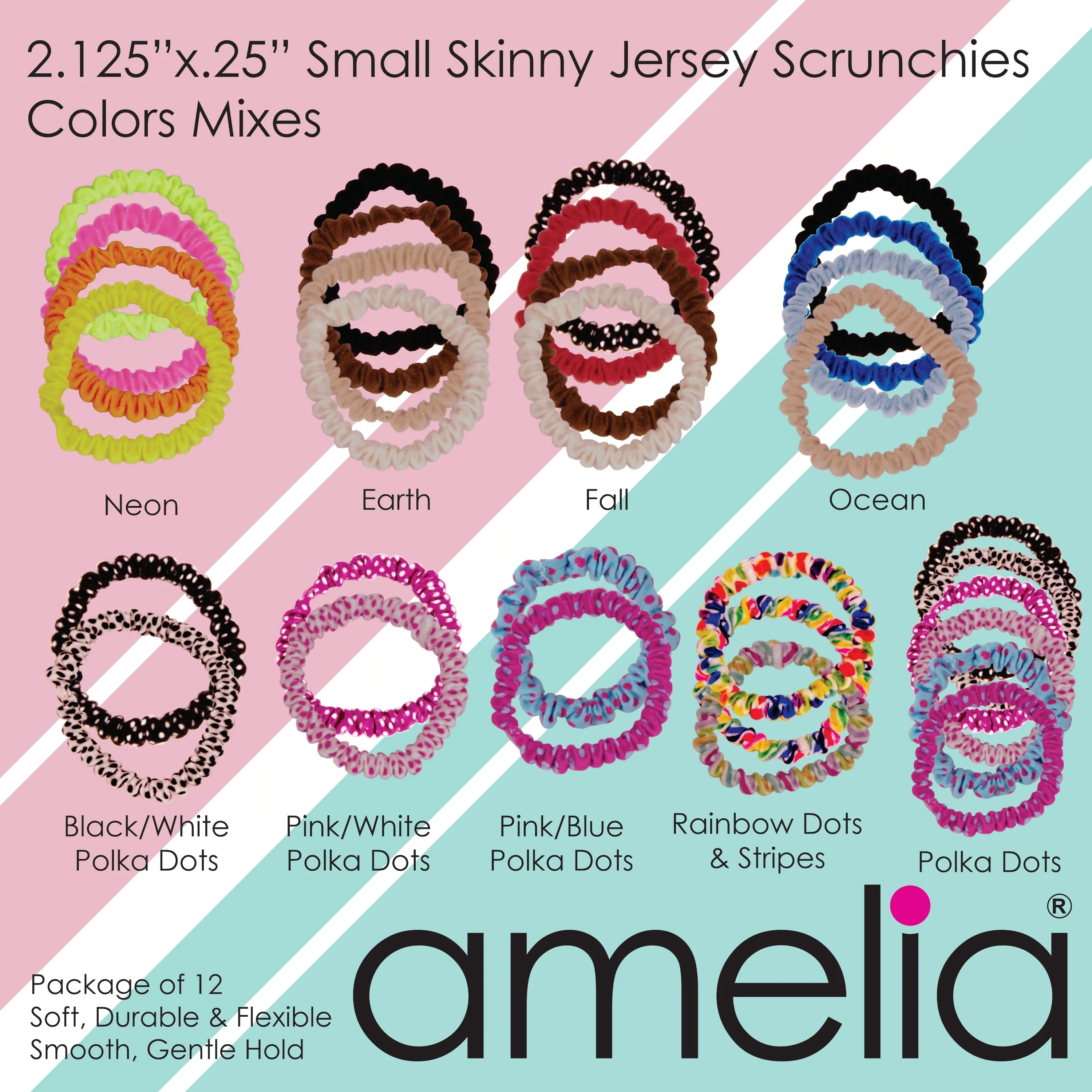 Amelia Beauty, Neon Pink Skinny Jersey Scrunchies, 2.125in Diameter, Gentle on Hair, Strong Hold, No Snag, No Dents or Creases. 12 Pack