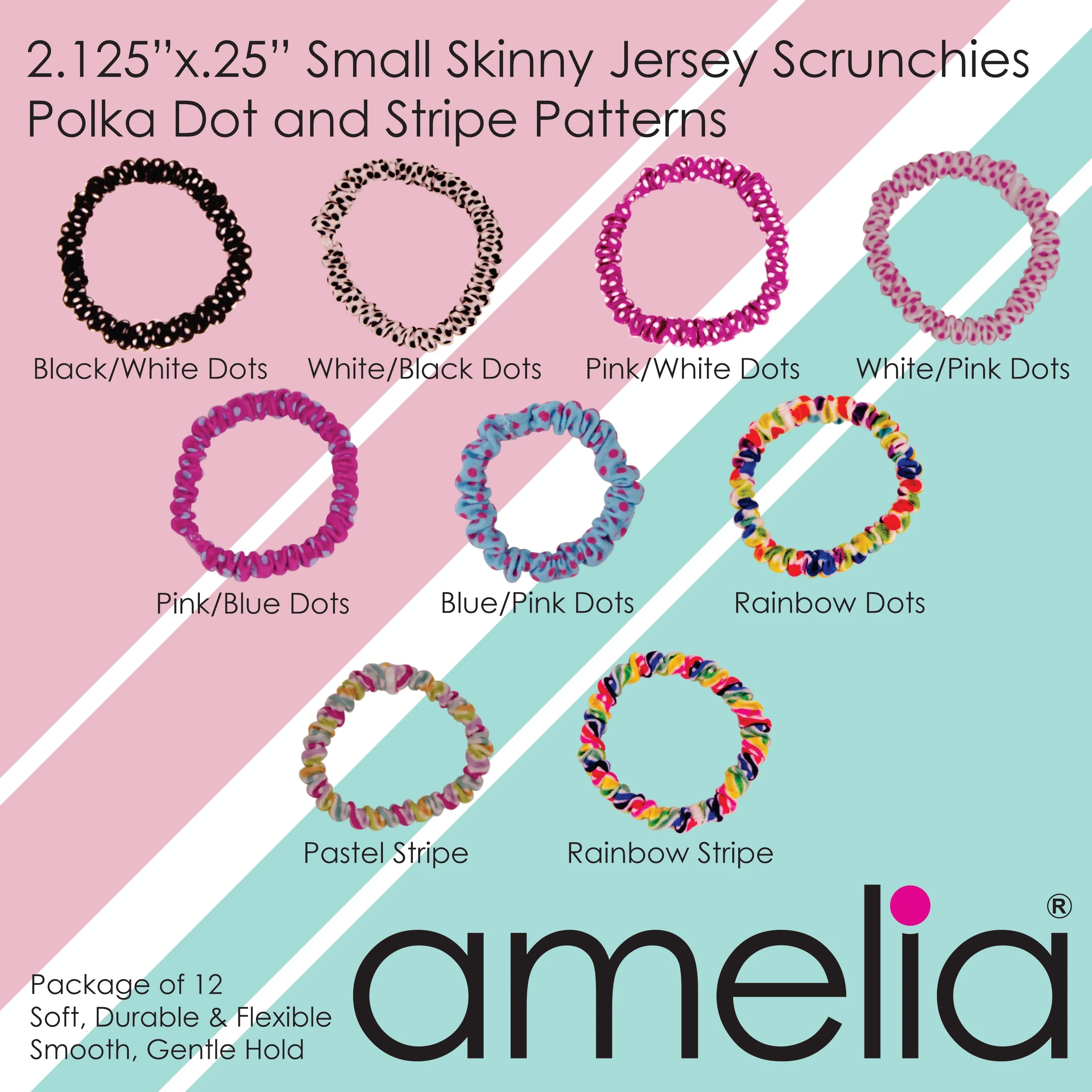 Amelia Beauty, Neon Pink Skinny Jersey Scrunchies, 2.125in Diameter, Gentle on Hair, Strong Hold, No Snag, No Dents or Creases. 12 Pack