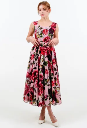Aster Dress Boat Neck Sleeveless Midi Length Cotton Musola (Peony Kimono All Over)