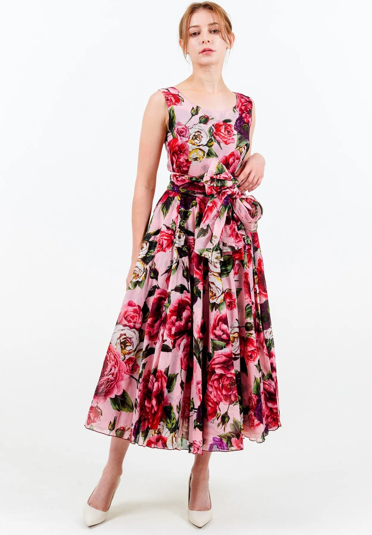 Aster Dress Boat Neck Sleeveless Midi Length Cotton Musola (Peony Kimono All Over)