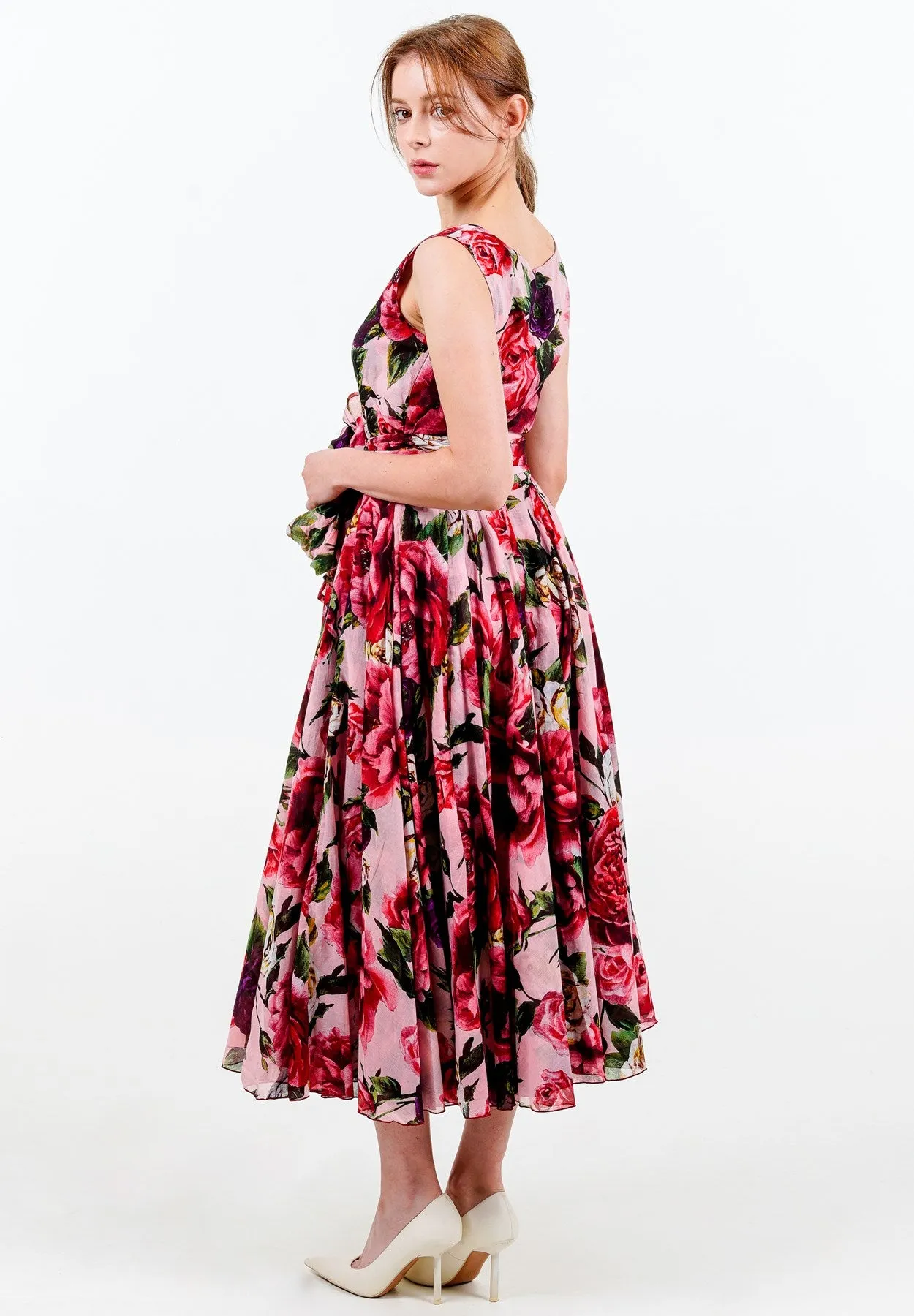 Aster Dress Boat Neck Sleeveless Midi Length Cotton Musola (Peony Kimono All Over)
