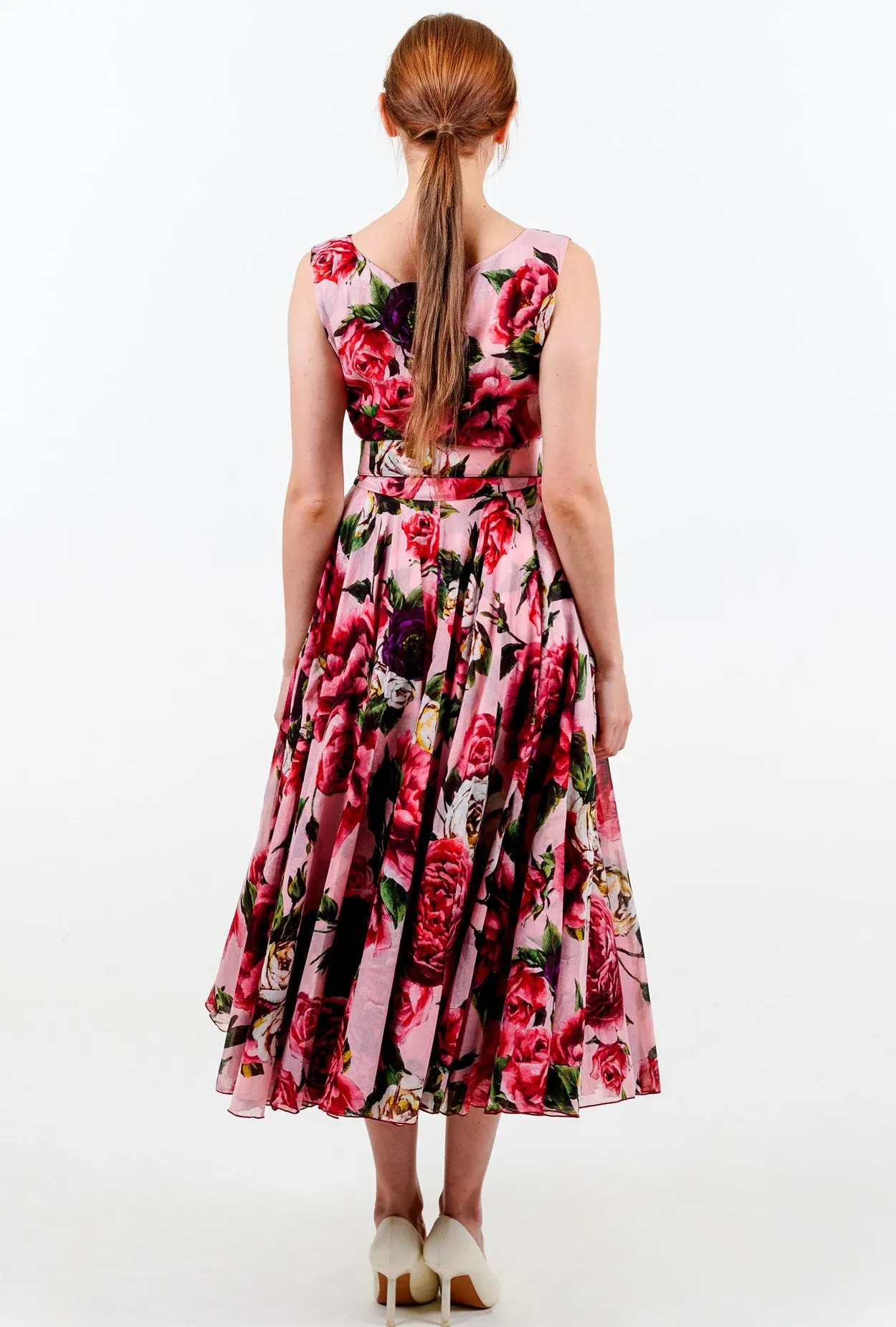 Aster Dress Boat Neck Sleeveless Midi Length Cotton Musola (Peony Kimono All Over)
