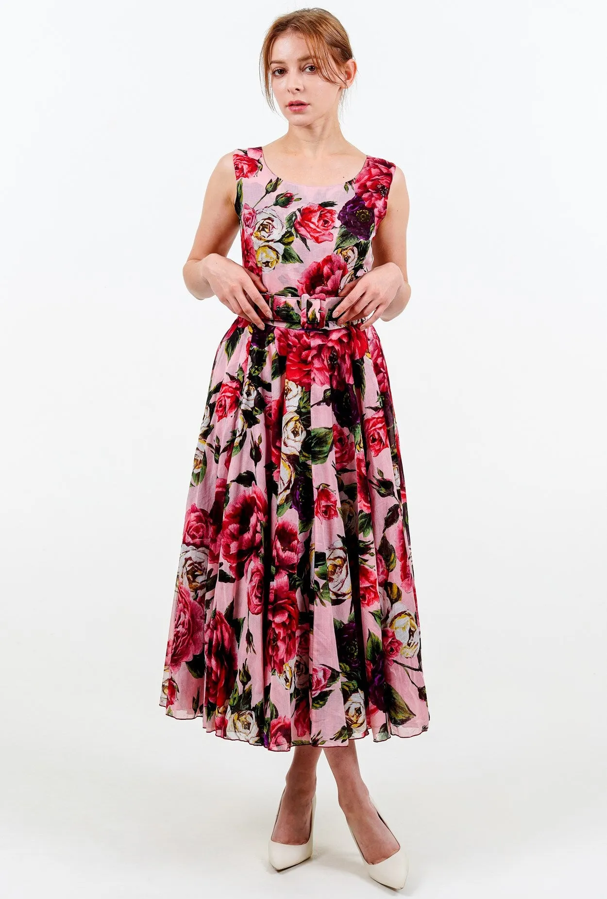 Aster Dress Boat Neck Sleeveless Midi Length Cotton Musola (Peony Kimono All Over)