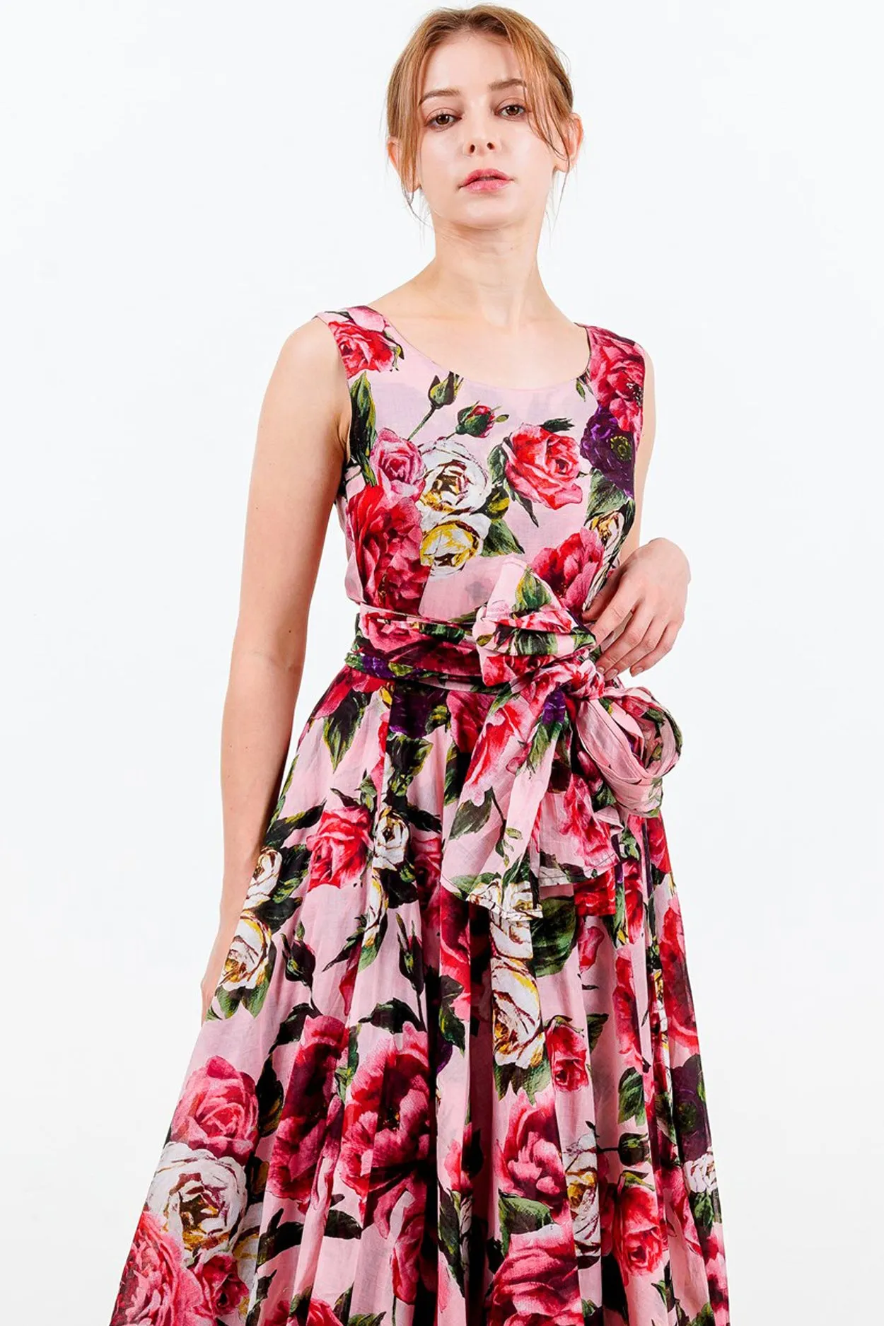Aster Dress Boat Neck Sleeveless Midi Length Cotton Musola (Peony Kimono All Over)