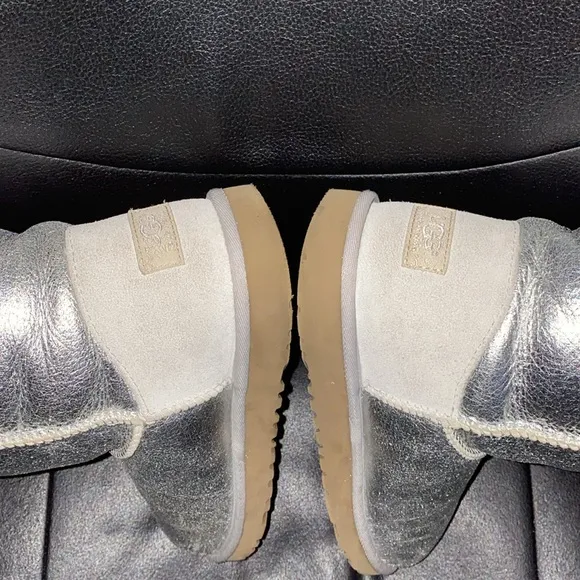 Authentic UGG Metallic Silver Leather &amp; Suede Shearling Boots
