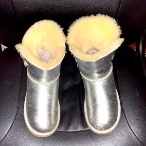 Authentic UGG Metallic Silver Leather &amp; Suede Shearling Boots