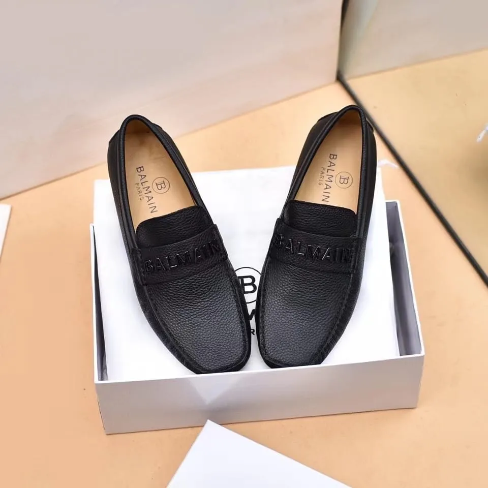 BALMAIN || Logo-Plaque Calf Leather Loafers / BLACK