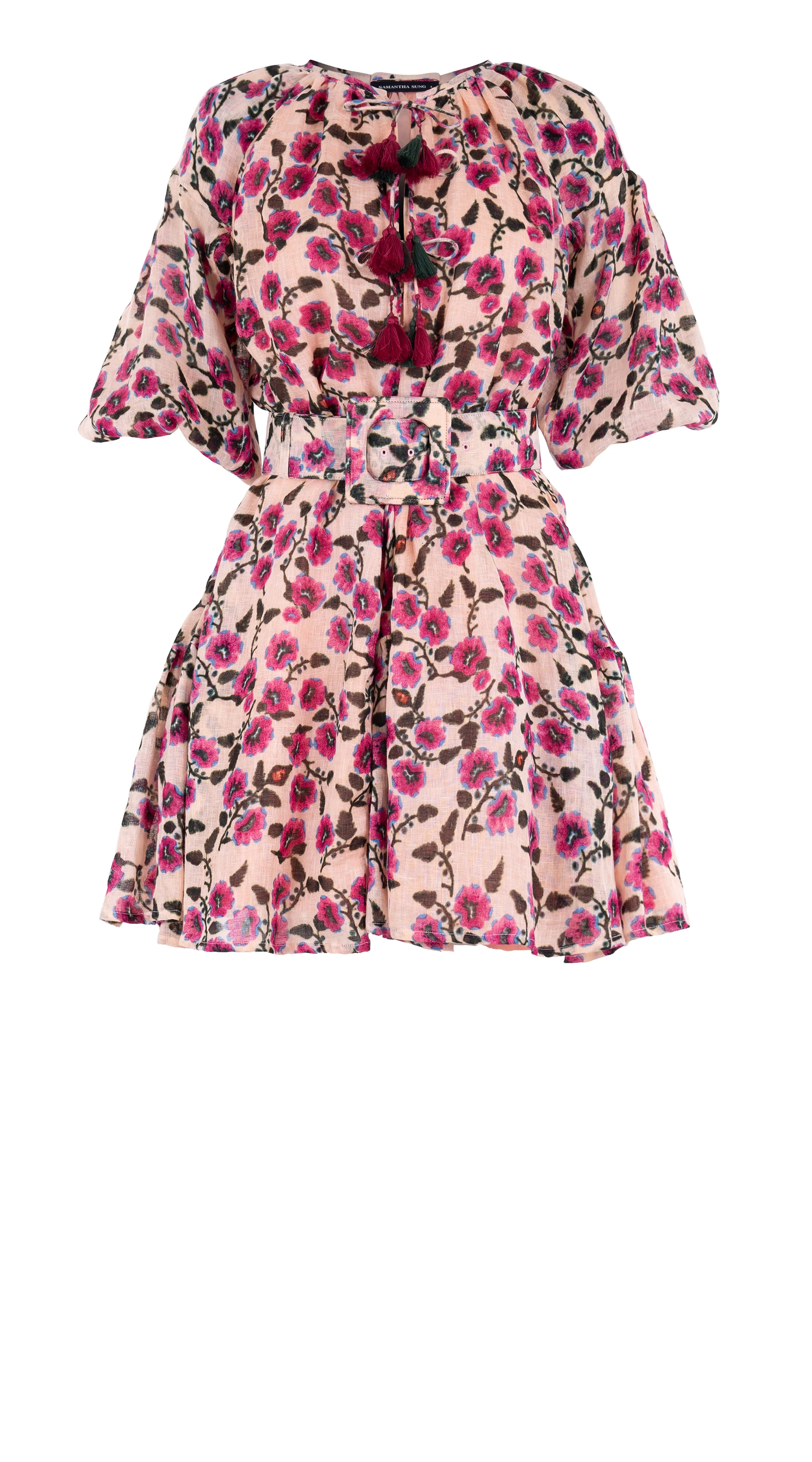 Birdy Dress #1 Crew Neck 3/4 Puff Sleeve with Hamilton Belt Mini Length Linen (Azalea Flower Small)