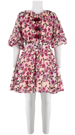 Birdy Dress #1 Crew Neck 3/4 Puff Sleeve with Hamilton Belt Mini Length Linen (Azalea Flower Small)