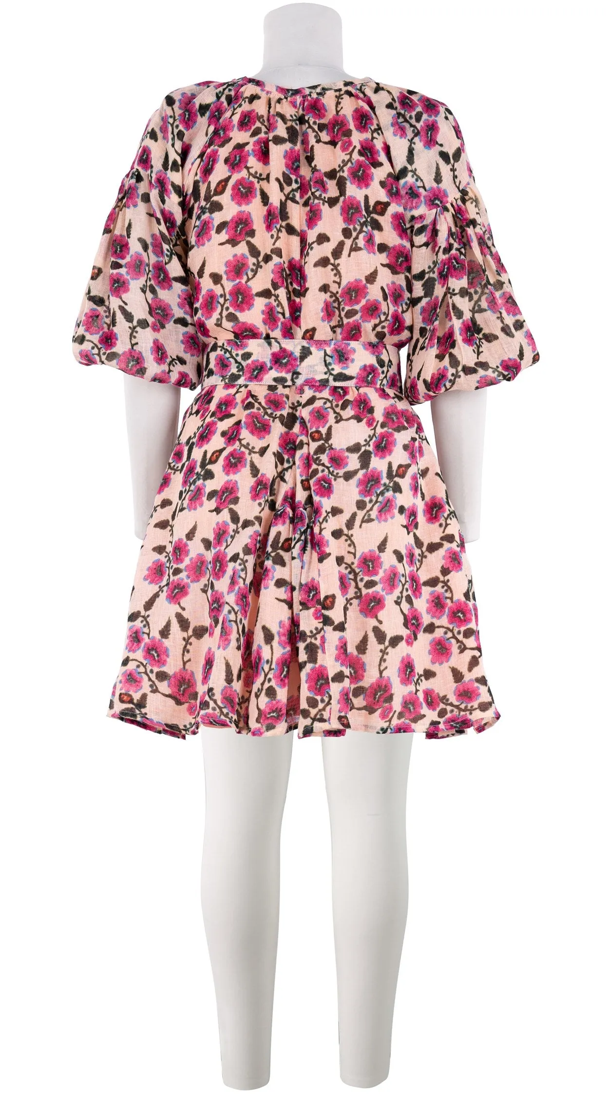 Birdy Dress #1 Crew Neck 3/4 Puff Sleeve with Hamilton Belt Mini Length Linen (Azalea Flower Small)