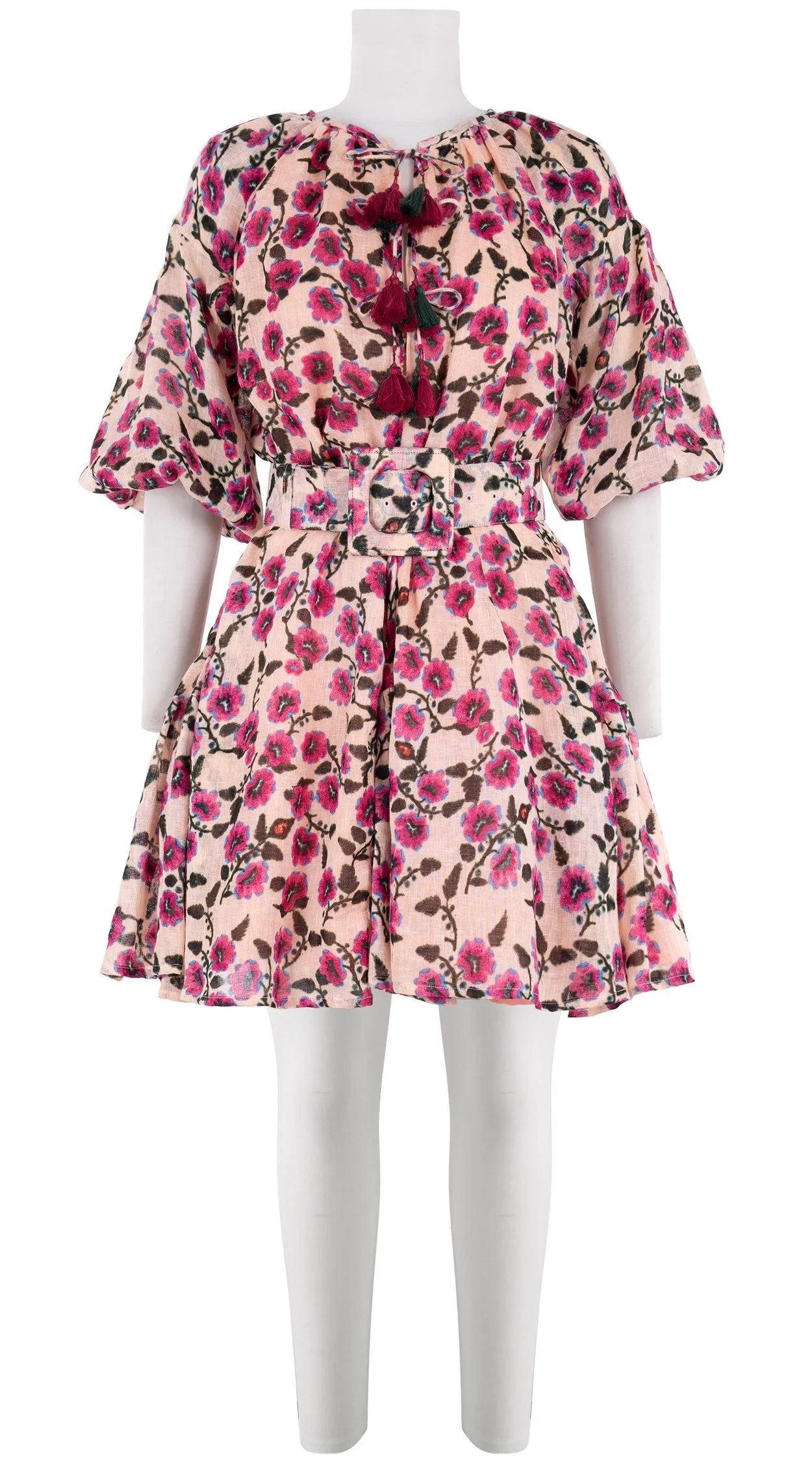 Birdy Dress #1 Crew Neck 3/4 Puff Sleeve with Hamilton Belt Mini Length Linen (Azalea Flower Small)