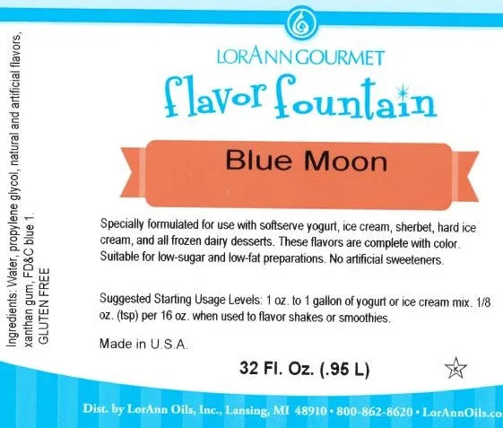 Blue Moon Flavor Fountain - 4 oz - 32 oz Bottle - Flavoring for Ice Cream, Milk Shakes, Slush, Food and Beverages - Ice Cream and Beverage Flavors - LorAnn Oils - Canadian Distribution