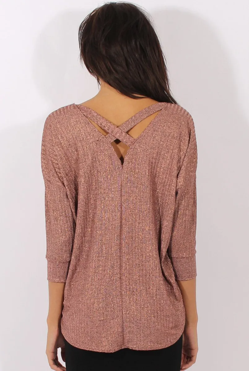 Bronze Metallic Cross Back Dipped Hem Top - Hayden