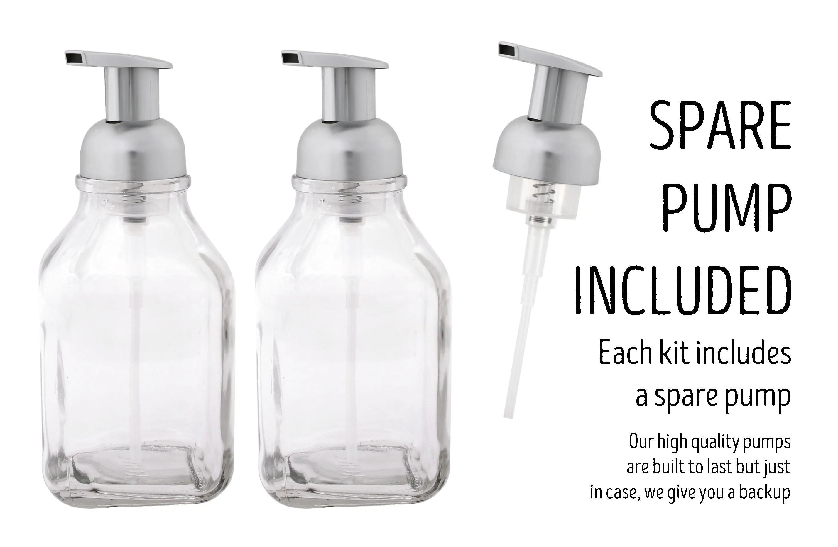 Brushed Nickel Foaming Soap Dispenser Pump, 16 oz Glass Bottle 2 Pack