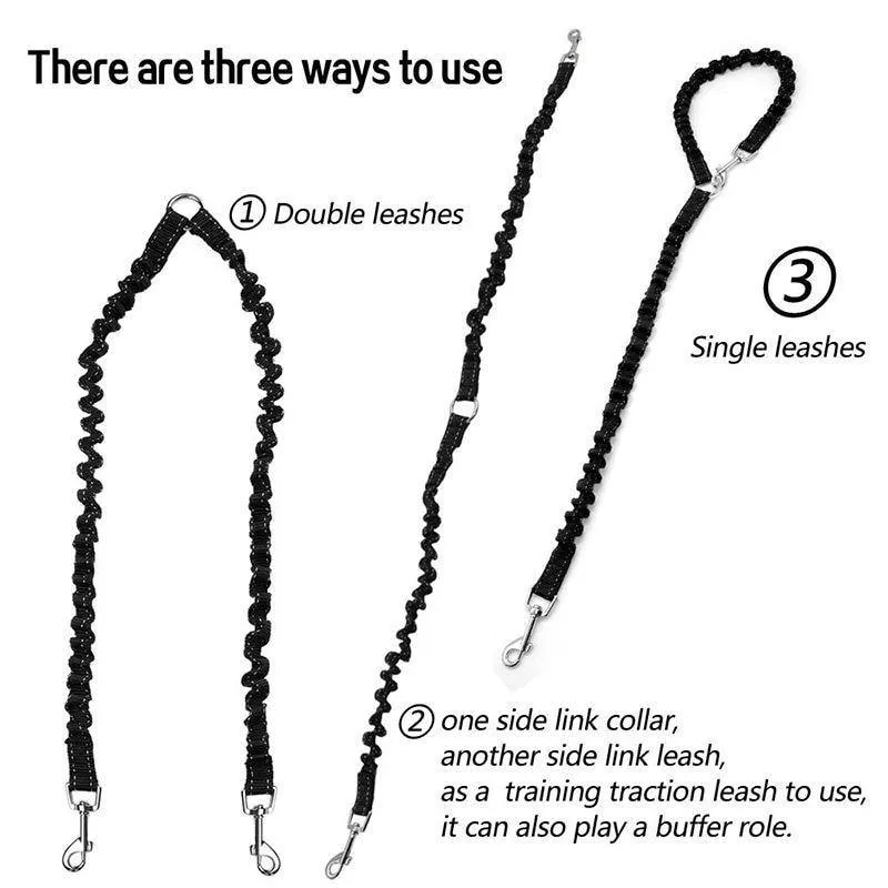 Bungee Nylon Reflective Double Dog Leash