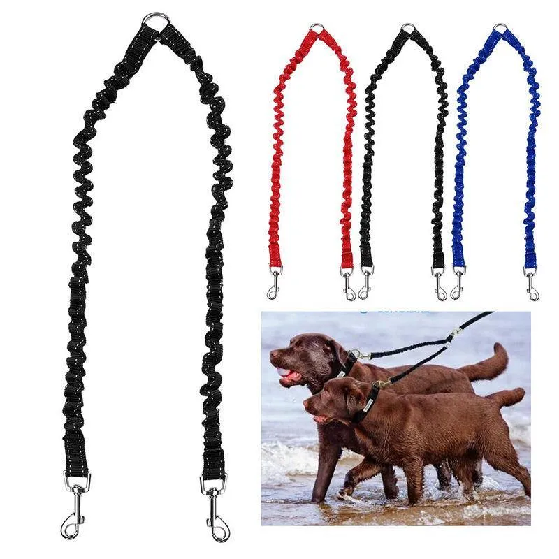 Bungee Nylon Reflective Double Dog Leash