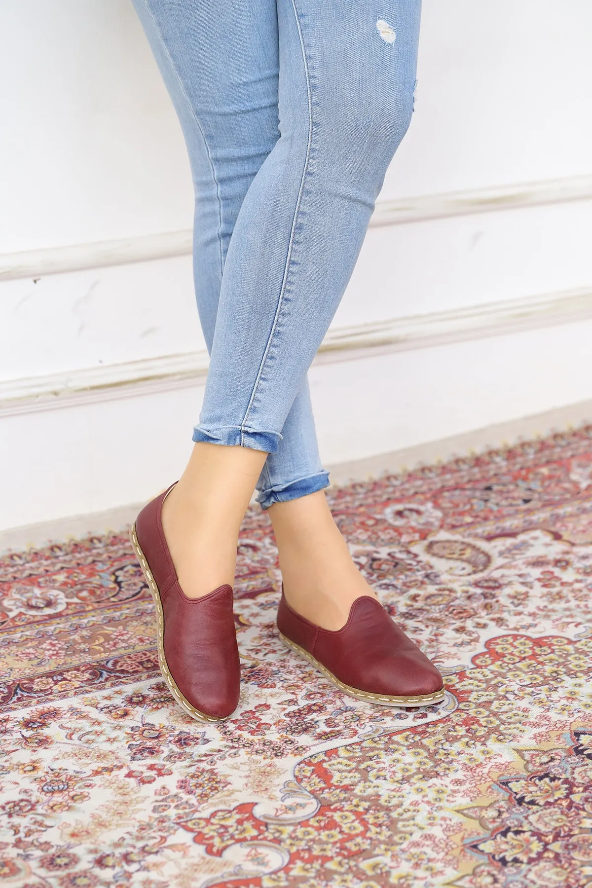 Burgundy Handmade Leather Loafers (Women's)