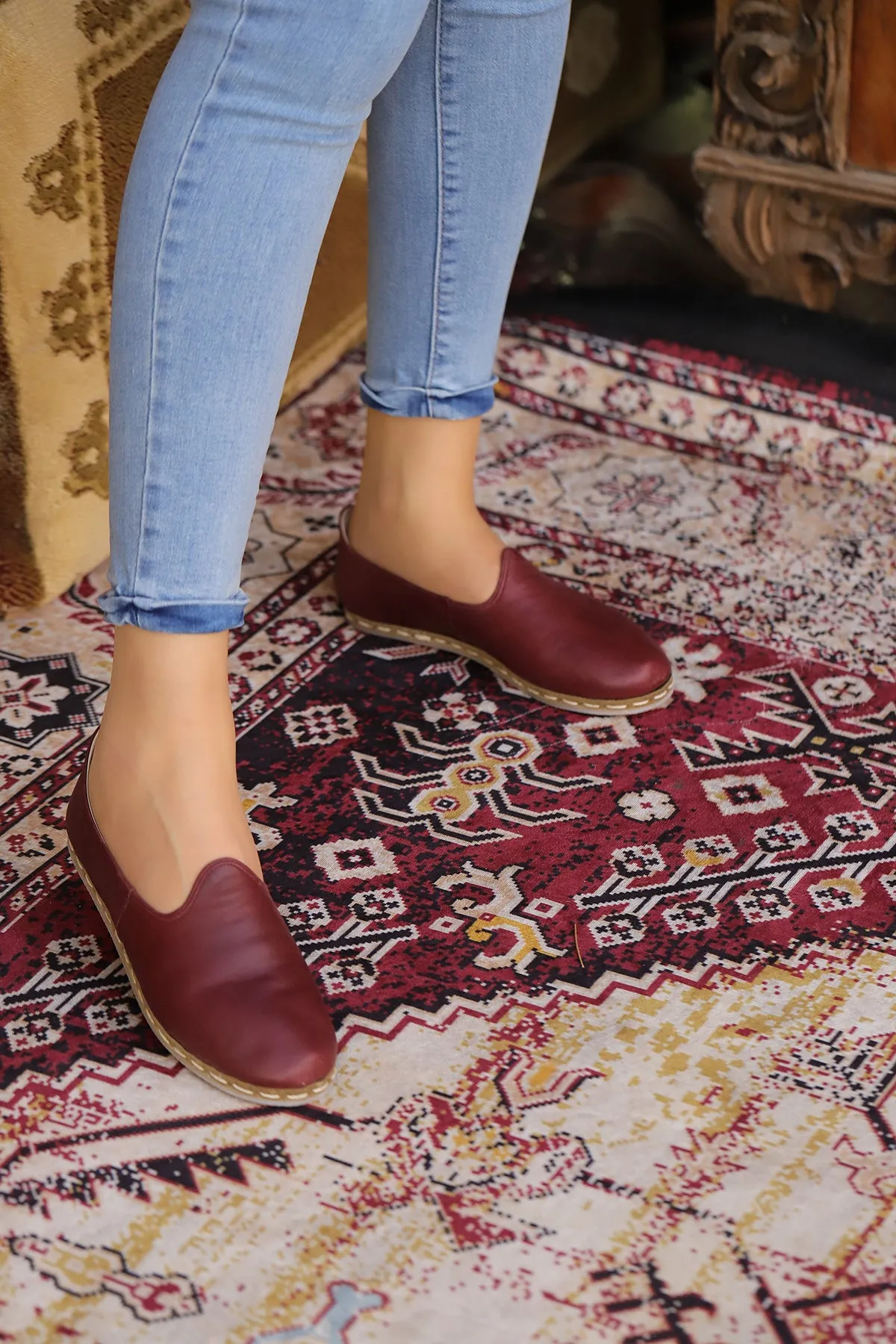 Burgundy Handmade Leather Loafers (Women's)
