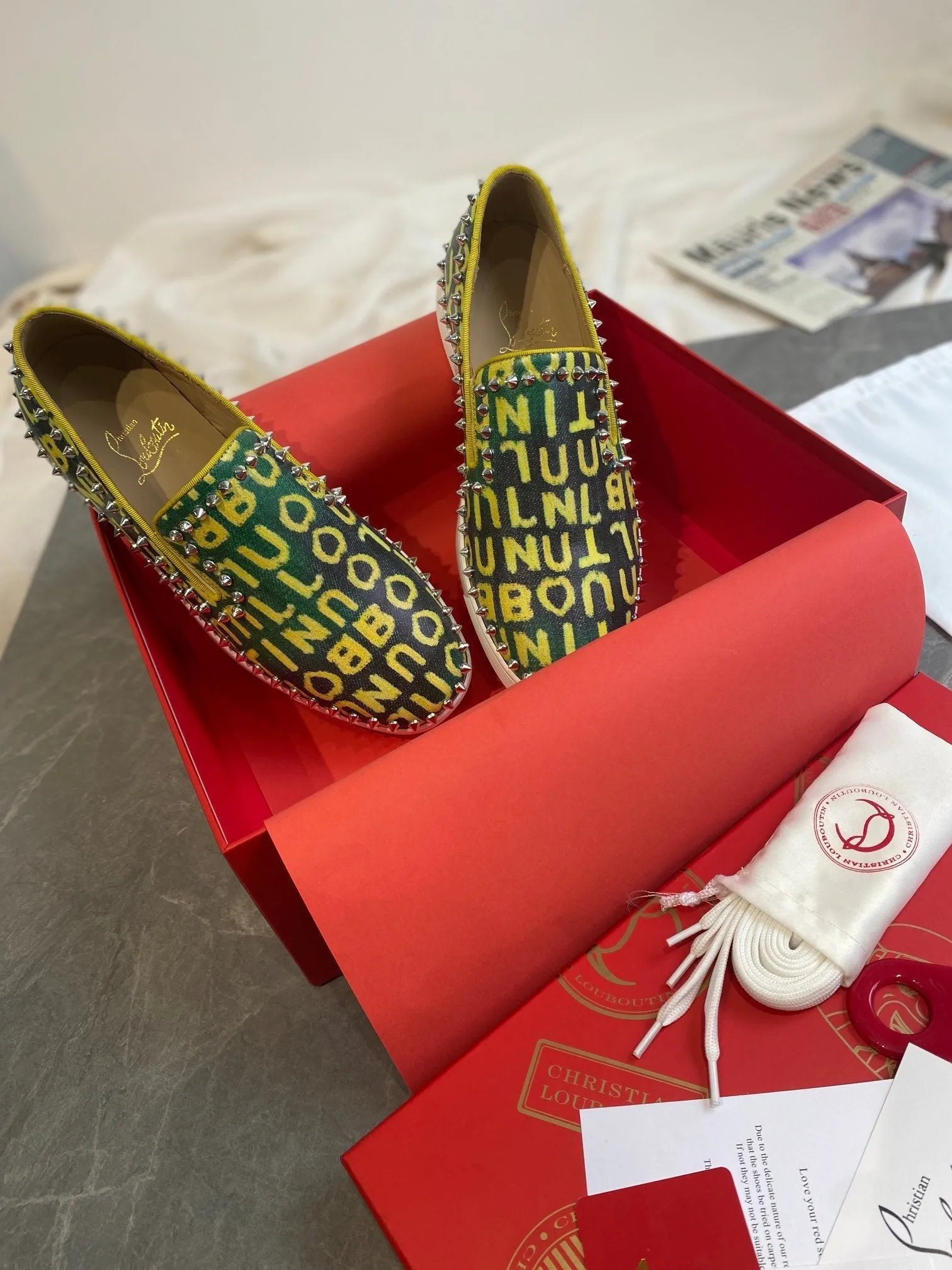 CL Loafers Monogram Yellow Green Leather and Spikes 242380