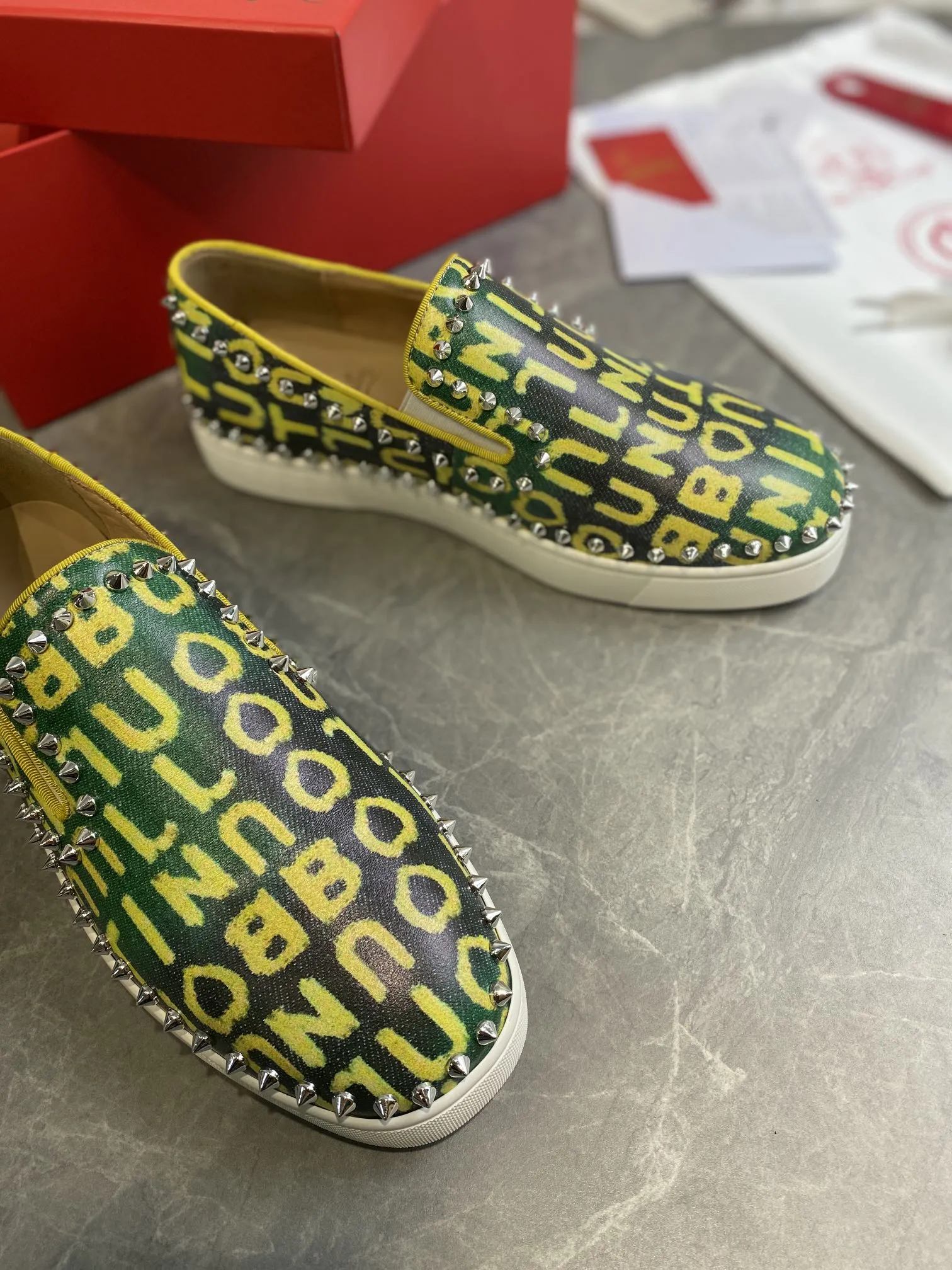 CL Loafers Monogram Yellow Green Leather and Spikes 242380