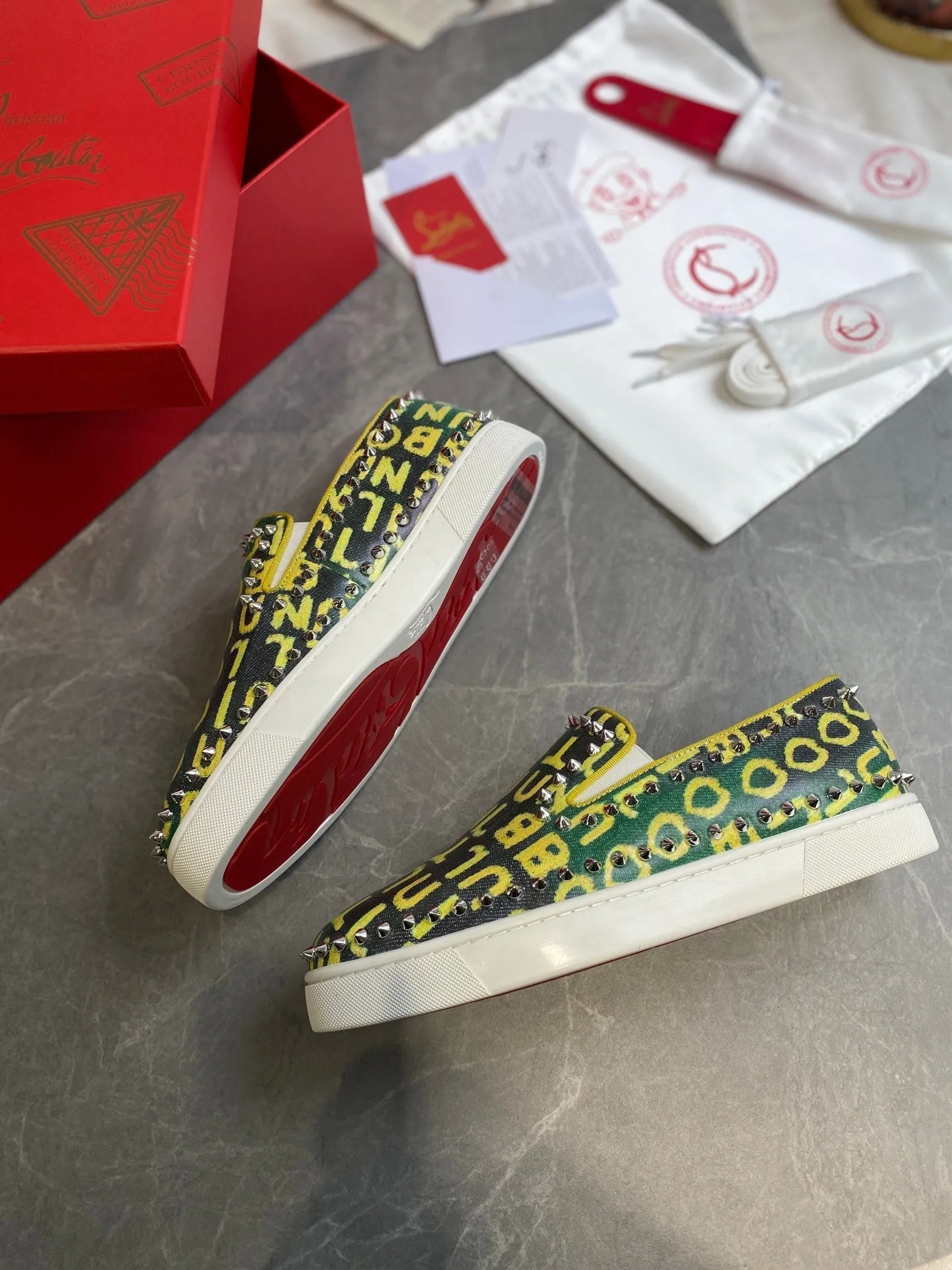 CL Loafers Monogram Yellow Green Leather and Spikes 242380