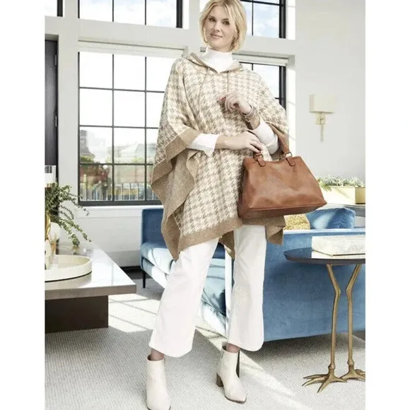 Coco   Carmen Brina Hooded Drawstring Pullover Knit Poncho Carmel Cream One Size