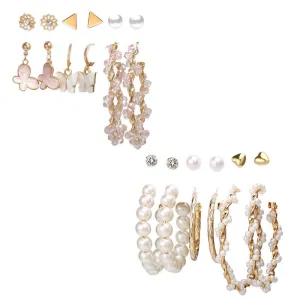 Combo of 12 Pair Pearl Crystal Heart Studs and Hoop Earrings