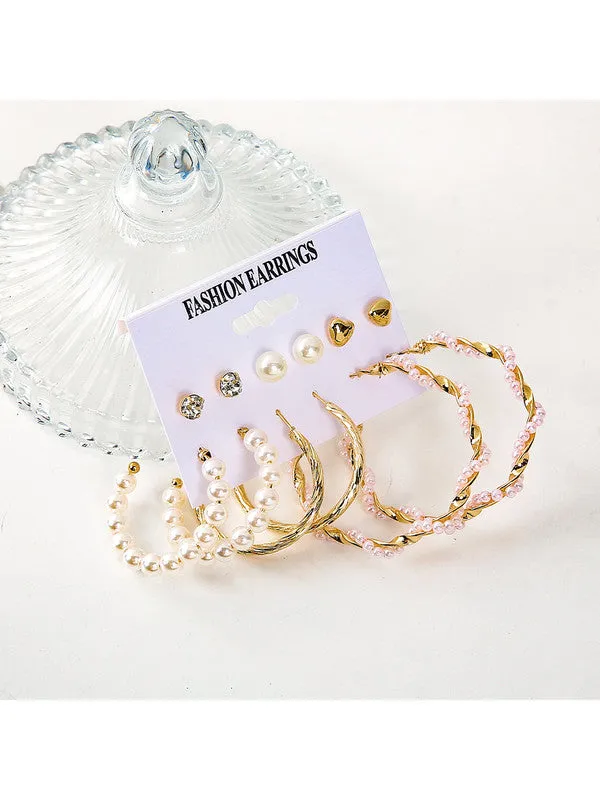 Combo of 15 Pair Pearl Crystal Heart Studs and Hoop Earrings
