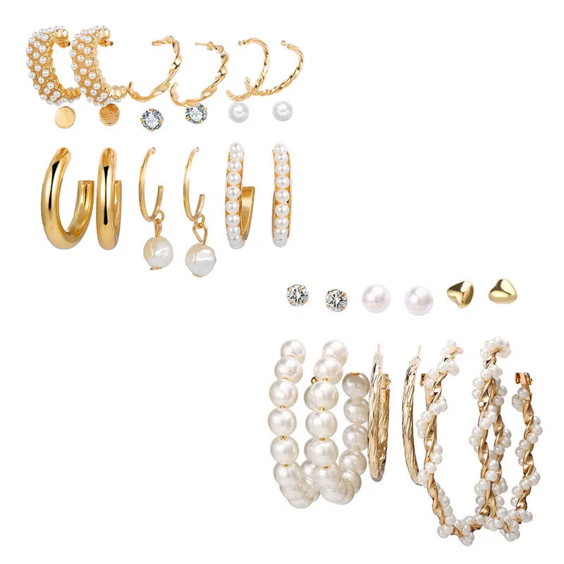 Combo of 15 Pair Pearl Crystal Heart Studs and Hoop Earrings