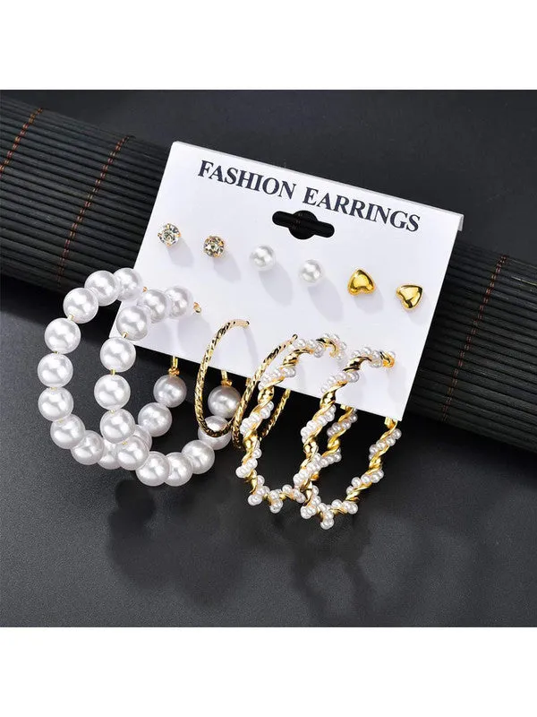 Combo of 15 Pair Pearl Crystal Heart Studs and Hoop Earrings