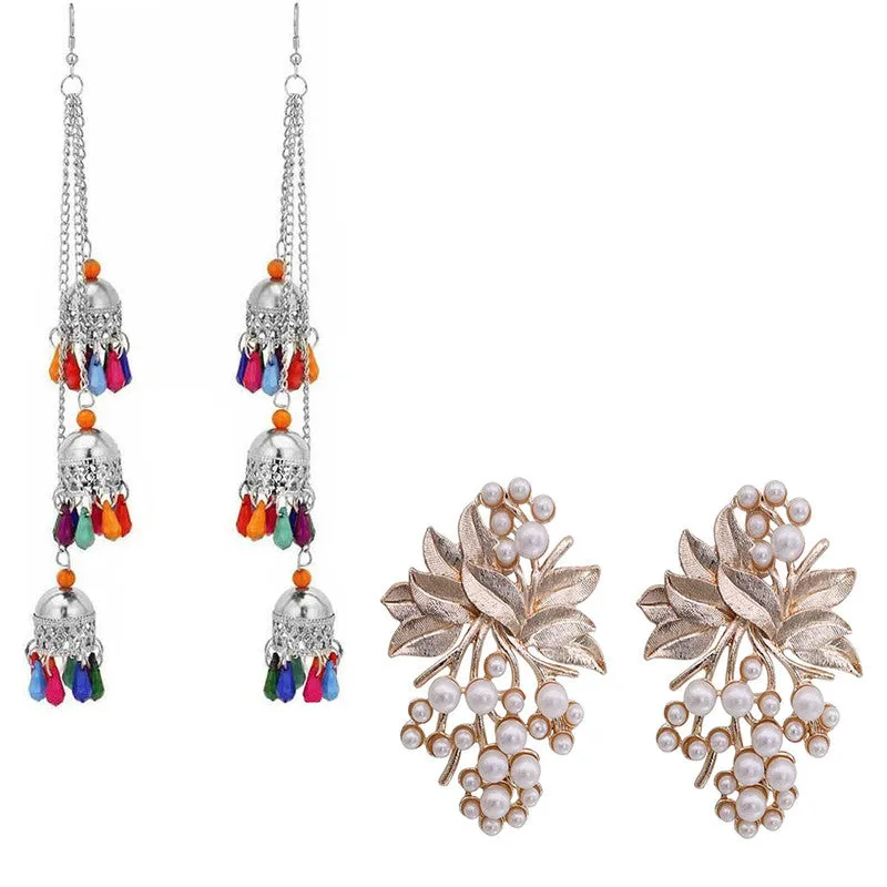 Combo of 2 Flower Pearl Stud and Multicolor Ghungroo Earrings