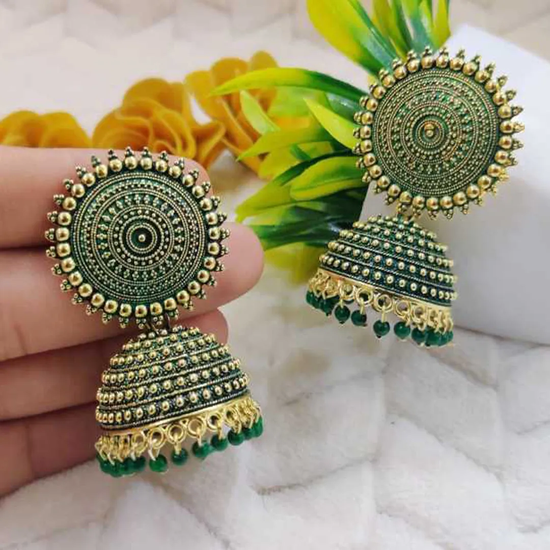 Combo of 2 Golden and Dark Green Pearls Dome Shape Jhumki