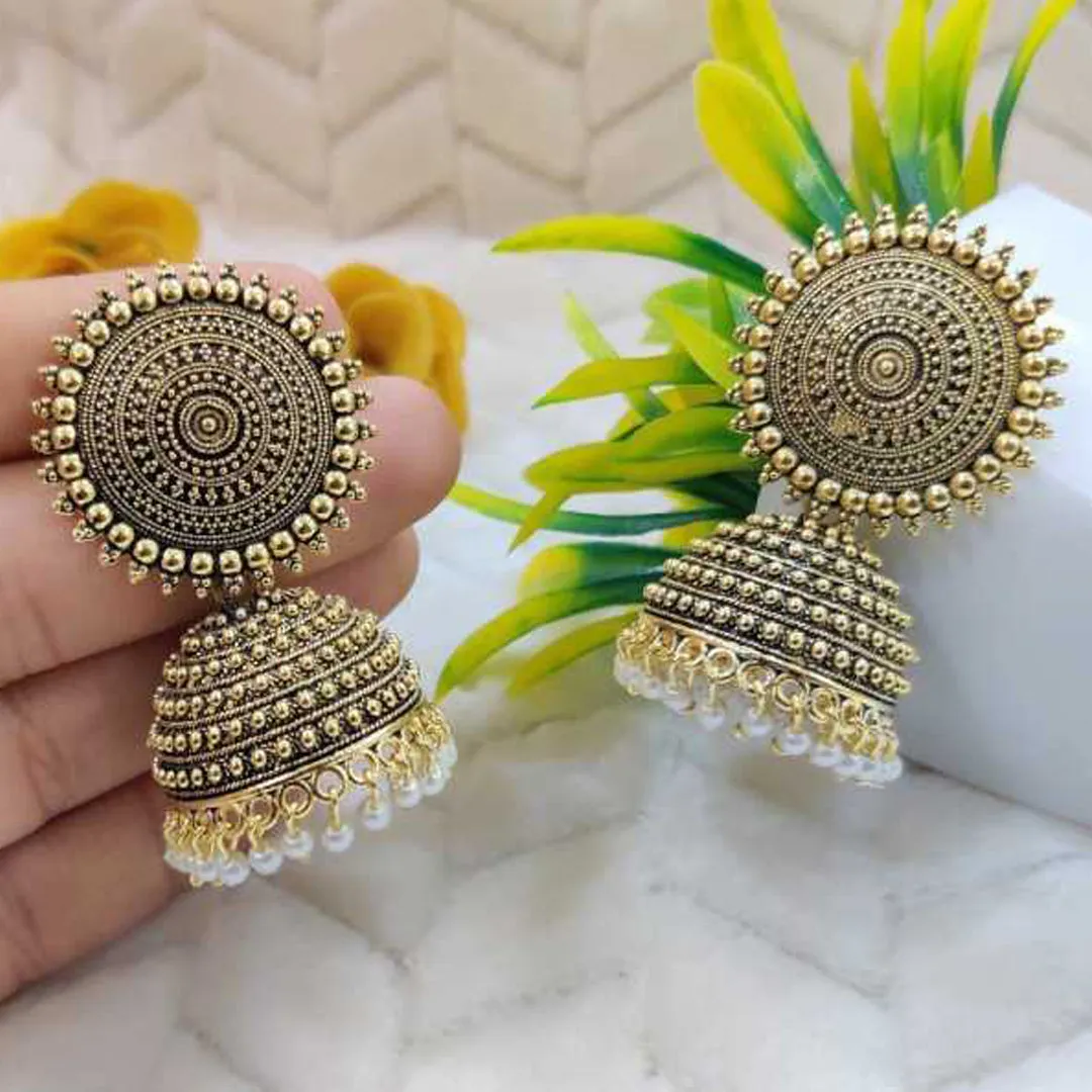 Combo of 2 Golden and Dark Green Pearls Dome Shape Jhumki