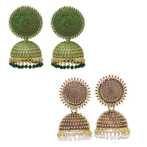 Combo of 2 Golden and Dark Green Pearls Dome Shape Jhumki